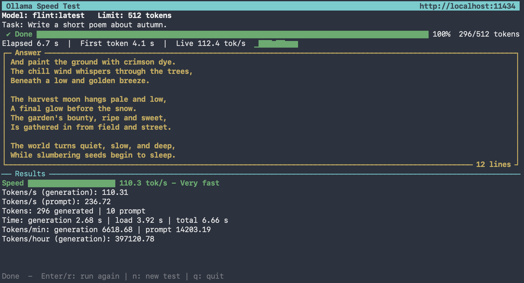 Ollama Flint Speed Test dashboard on a MacBook Pro M5