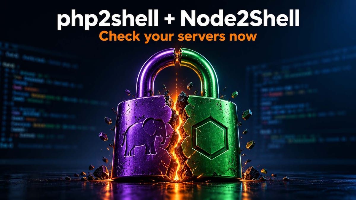 Two server racks with cracked doors marked PHP and Node.js, illustrating the php2shell and CVE-2026-111497 vulnerabilities