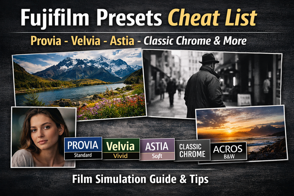 Fujifilm Presets Cheat List: Provia, Velvia, Astia, Classic Chrome & Film Simulation Guide