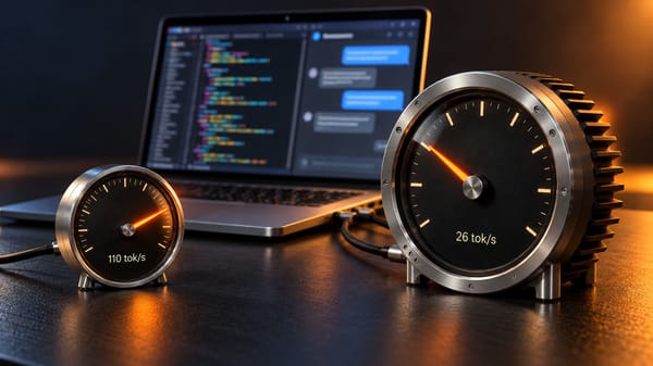 Laptop with a code editor and AI chat, wired to two speed gauges reading 110 and 26 tokens per second.