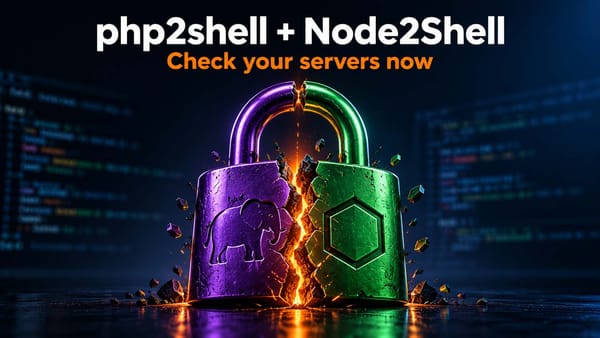 Two server racks with cracked doors marked PHP and Node.js, illustrating the php2shell and CVE-2026-111497 vulnerabilities