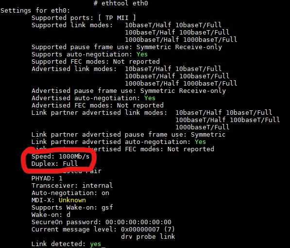 ethtool command check eth speed