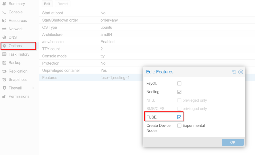 Proxmox enable FUSE